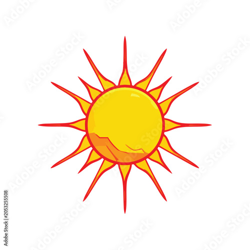 Stylized yellow sun illustration with sharp rays and orange accents.