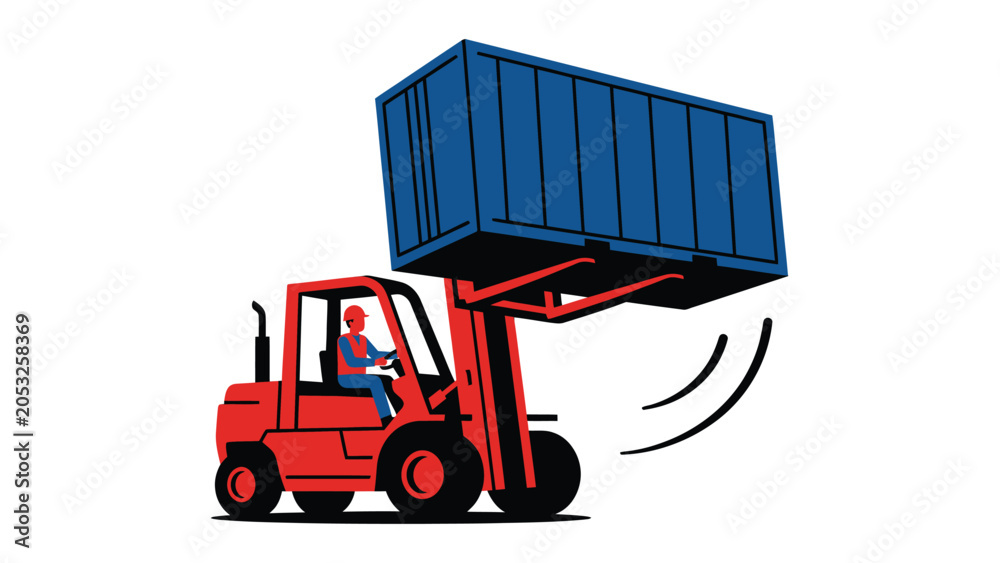 Naklejka premium Red forklift truck lifting a large blue shipping container with a worker inside the cabin.