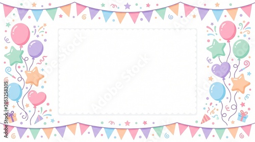 Festive birthday party background with balloons bunting flags confetti and copy space