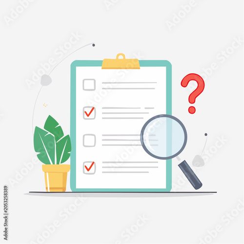 Checklist with Magnifying Glass and Question Mark