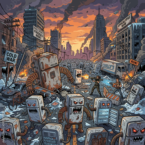 Apocalypse now: sentient refrigerators attack a city with humans fighting back