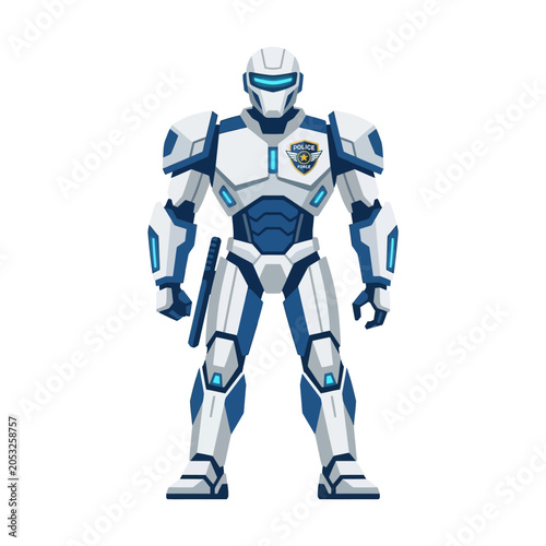 Futuristic police robot in white and blue armor with badge