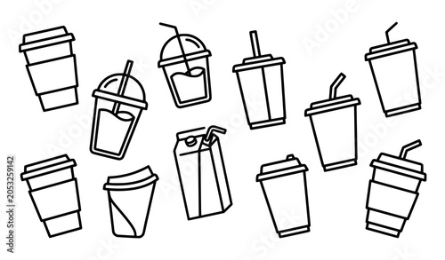 фотографія Creative disposable cup outline vector icon set with minimalist beverage symbols