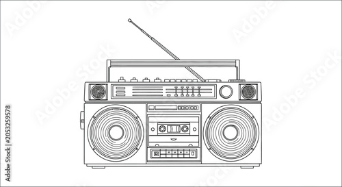 Fotografie Boombox Line Art Illustration With Antenna A Retro Audio Player On A White Backg