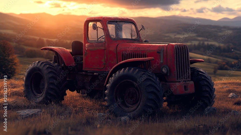 Fototapeta premium Rustic red tractor sunset farmland