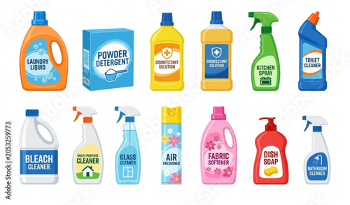 Household Chemical Bottles Laundry and Hygiene Cleaner Vector Illustration Set