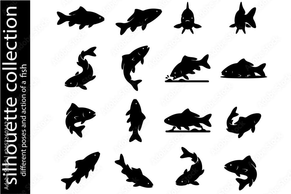 Fototapeta premium Fish Silhouette Collection: A collection of diverse black fish silhouettes showcasing various poses and actions, ideal for graphic design and aquatic themes.