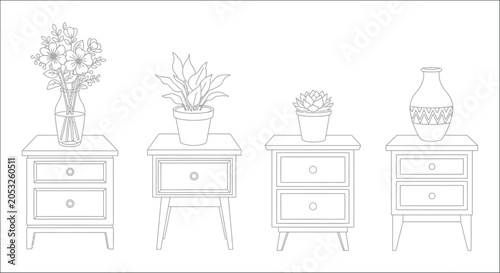 Canvastavla Line art Nightstands With Floral Arrangements And Potted Plants On White Backgro