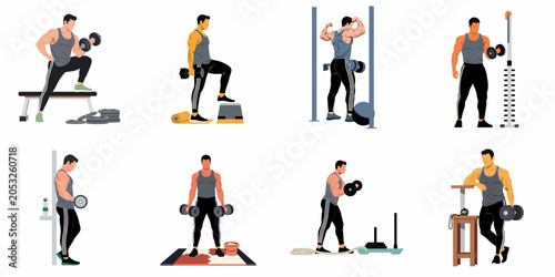 Collection of vector illustrations showing a muscular man performing various strength training exercises with dumbbells in a gym setting.