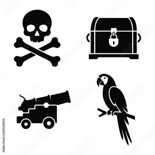 Schilderij op canvas Pirate items set — skull crossbones, treasure chest, cannon, parrot icon Silhoue