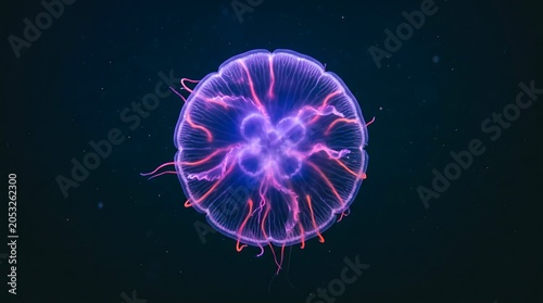 Luminous Purple and Pink Moon Jellyfish Floating in the Dark Deep Sea Ocean, Bioluminescent Marine Life Metaphor for Connection and Inner Glow