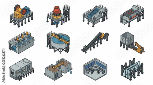 Obraz na płótnie Collection of isometric industrial machinery and equipment illustrations, representing mining and processing facilities