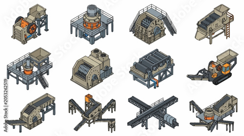 Bild auf Leinwand Isometric illustration of industrial crushing and screening machinery for mining and construction