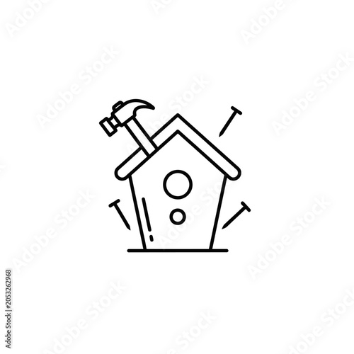 Birdhouse Icon Building with Hammer Construction and Nails