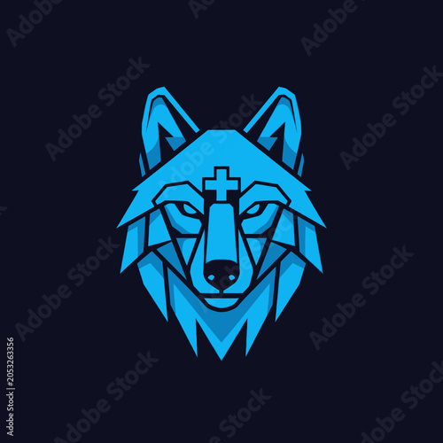 Photos Stylized blue wolf head with medical cross on forehead, geometric design