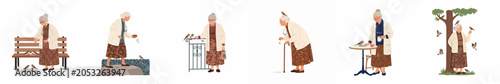 Collection of flat vector illustrations depicting a kind elderly woman feeding and interacting with sparrows in various everyday outdoor settings.
