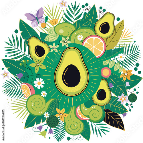 Vibrant illustration of avocados and tropical leaves