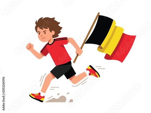 Dynamic flat vector illustration of Belgian kid running with national flag