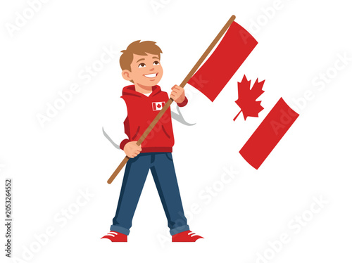 Heroic low angle view of Canadian boy holding maple leaf flag