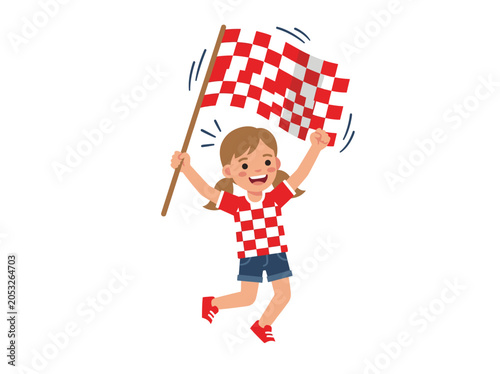 Happy Croatian girl holding checkered flag cheering for the team