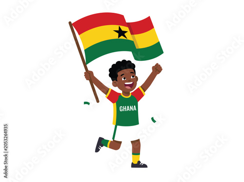 Excited Ghanaian boy holding national flag high celebrating victory goal