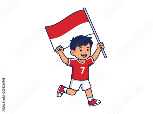 Happy Indonesian boy waving national flag celebrating football world cup victory
