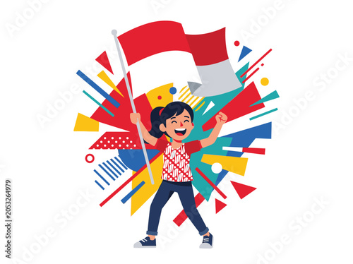 Excited Indonesian girl holding red white country flag with stadium background