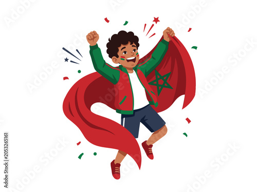 Enthusiastic Moroccan boy wrapping himself in national flag cheering football