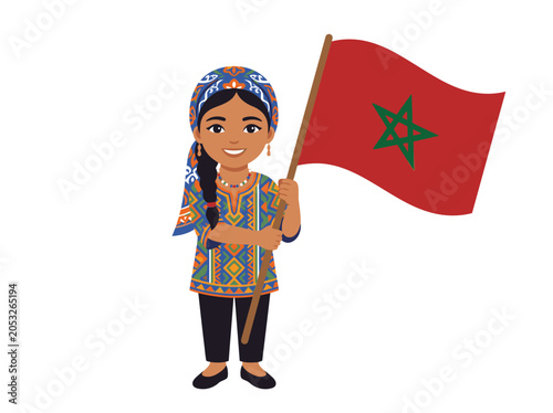 Smiling Moroccan girl holding country flag with green star at soccer event
