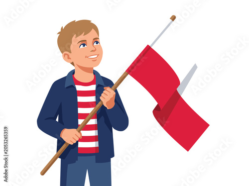 Determined Polish boy holding national flag looking up with hope