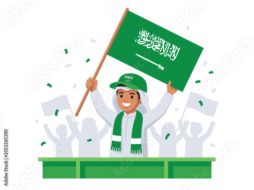 Proud Saudi Arabian boy raising national green flag at final match
