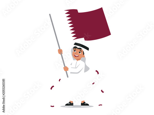 Proud Qatari boy raising maroon country flag at soccer championship arena