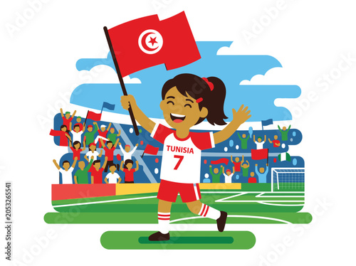 Happy Tunisian girl waving red moon and star flag at stadium stands