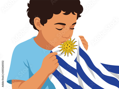 Close up shot of Uruguayan child kissing national flag with pride