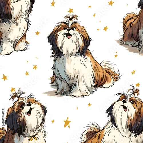 Cheerful Shih Tzu Dogs Seamless Pattern with Gold Stars Illustration