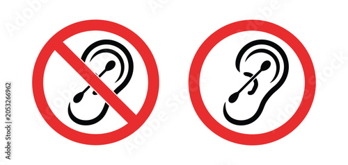 Tableau sur toile Prohibition icons featuring unsafe ear cleaning habits, earwax blockage warnings, and forbidden signs