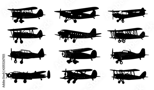 Schilderij op canvas Retro vintage airplane silhouette collection with classic aviation vector graphi