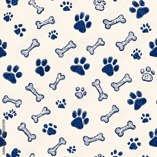 Seamless pattern with hand-drawn blue dog paw prints and bones on a cream background, a playful pet-themed design