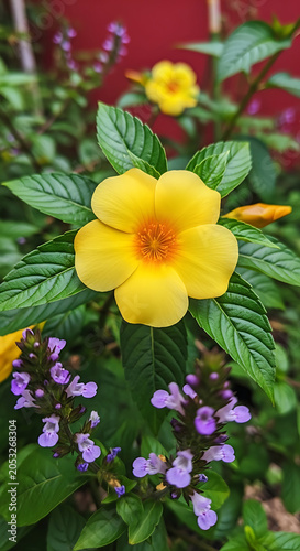 Bright yellow flower with orange center and purple blossoms