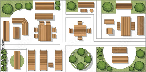 Top view landscape design plan featuring wooden outdoor furniture sets benches tables and green bushes vector illustration for architectural site planning