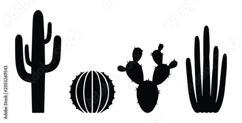 Foto Cactus poses set — tall saguaro, barrel, prickly pear, organ pipe icon Silhouett
