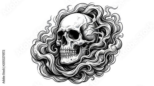 Bilde på lerret Ethereal Skull Surrounded by Swirling Smoke or Mist, Hand-Drawn Illustration