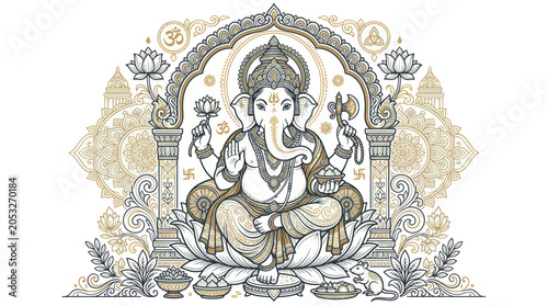 Tableau sur toile Ganesha Sitting on Lotus Flower, Hindu Deity, Om Symbol, Mandala Design