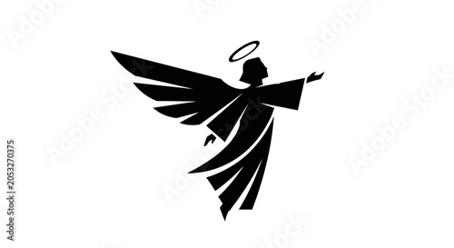 Billede på lærred Silhouette of an angel with outstretched wings, wearing a flowing gown and a hal