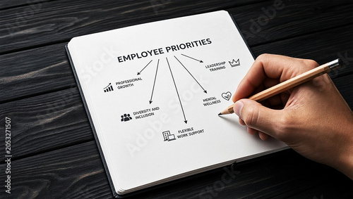 Employee Priorities Strategy Planning Concept with Professional Growth Leadership Training Wellness and Workplace Support