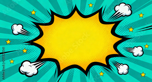 Dynamic comic book style explosion bubble background with vibrant pop art elements and radial lines, perfect for impactful messages and retro graphic designs and energetic digital artwork