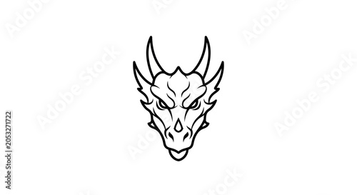 Stylized dragon head illustration in black and white against white background