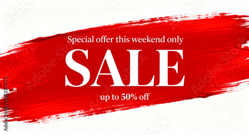 Special weekend sale banner template with red acrylic brush stroke background