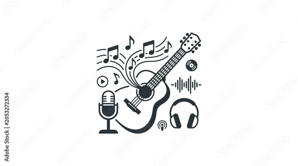 Fototapeta premium Acoustic guitar and microphone line art music icons.