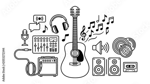 Foto Acoustic guitar and recording equipment line art collection.